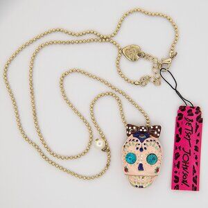 Betsey Johnson Sugar Skull Necklace | Pearl Accent & Rhinestone Eyes | Statement